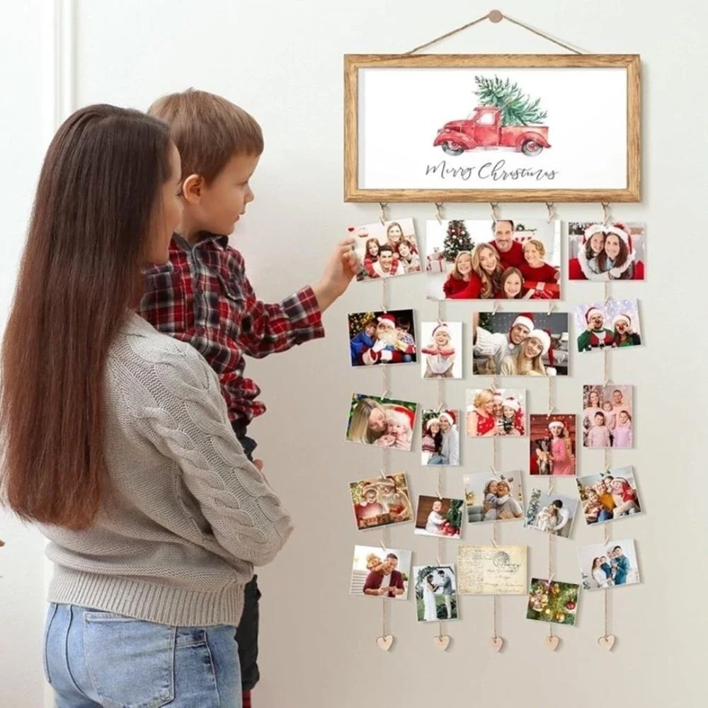 Rustic Wooden Hanging Photo Display Frame Interchangeable Seasonal Sayings 16x8